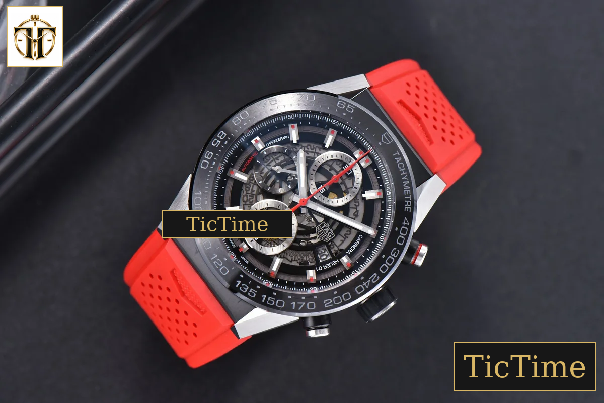 Calibre Heuer 01 Chrono 45mm XF Skeleton Dial Red Hand Red Rubber Strap A1887 — foto 4