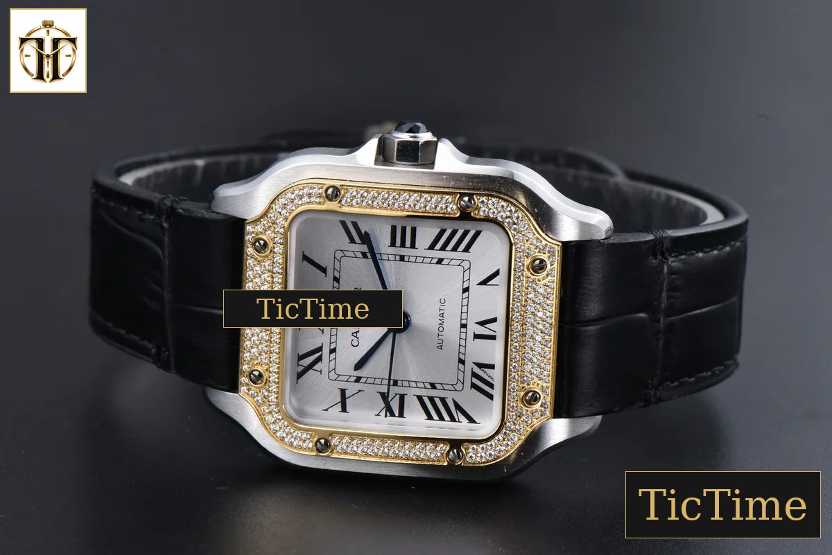 Santos de Cartier Medium 35mm AF SS White Dial YG Diamond Bezel Black Leather Strap Miyota 9015 — foto 11