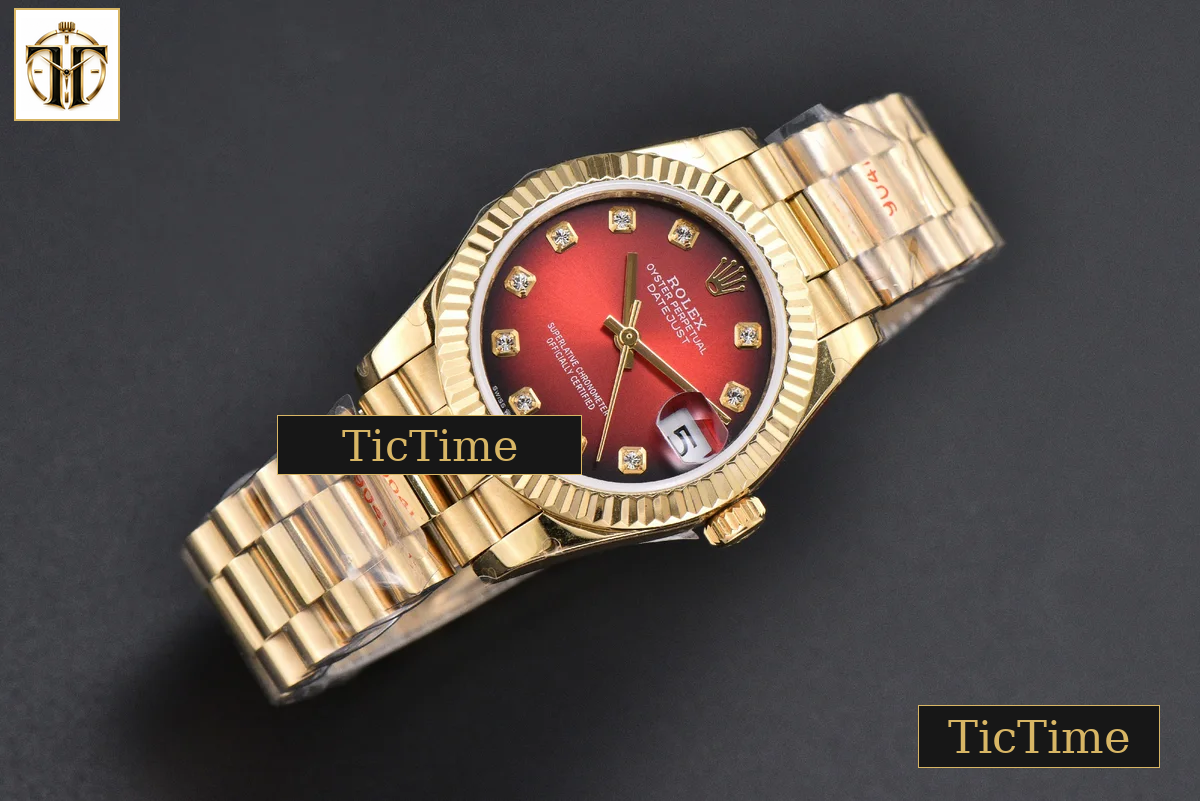 DateJust 31mm GMF YG Fluted Bezel Red Dial Diamond Marker President Bracelet A2824 — foto 3