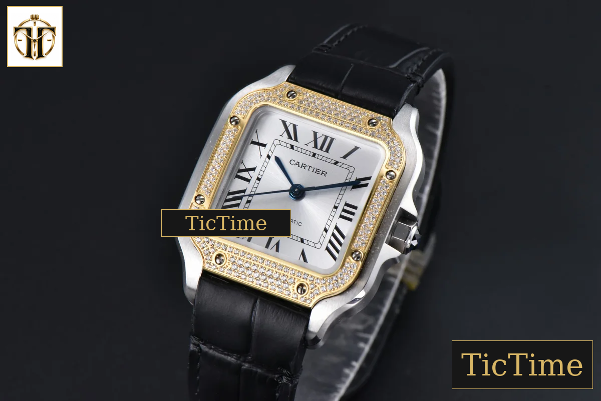 Santos de Cartier Medium 35mm AF SS White Dial YG Diamond Bezel Black Leather Strap Miyota 9015 — foto 3