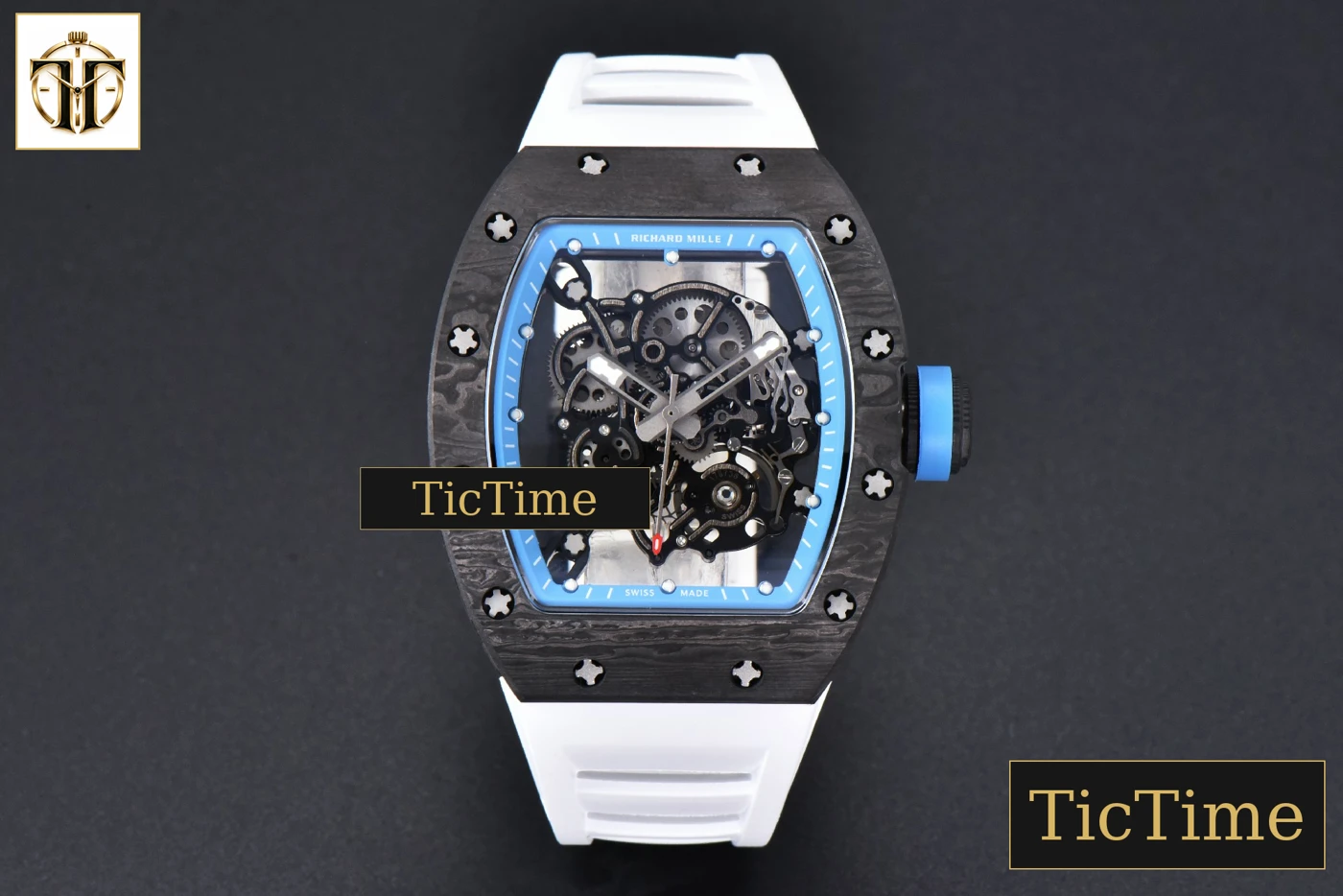 Vista frontal — NTPT RM055 42mm RMF Blue Skeleton Dial White Rubber Strap RMUL2