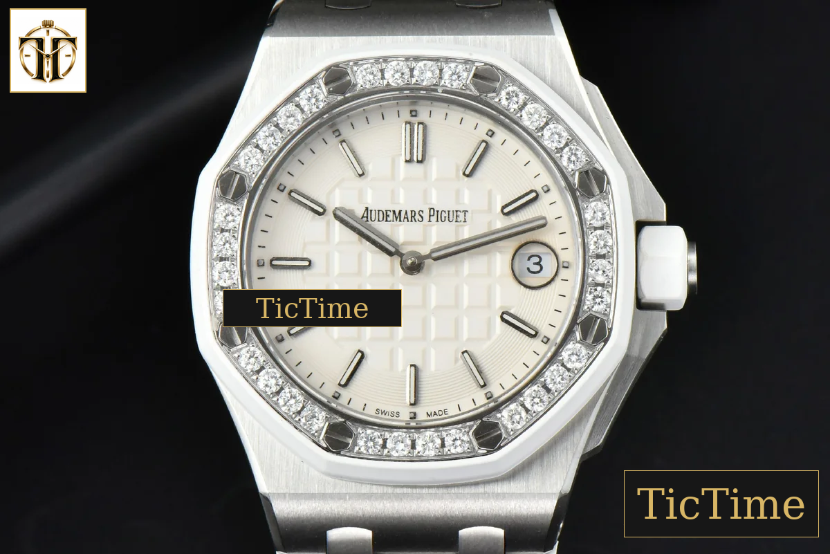 Royal Oak Offshore Ladies 33mm RXWF SS Moissanite White Dial Diamonds Bezel White Rubber Strap Swiss Quartz — foto 2