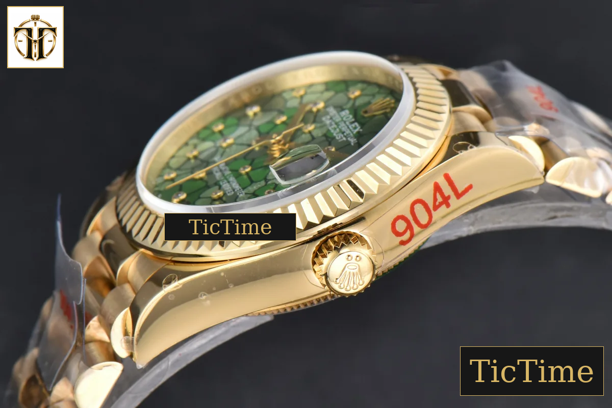 DateJust 904L 31mm GMF YG Fluted Bezel Green Flowers Dial President Bracelet A2824 — foto 12