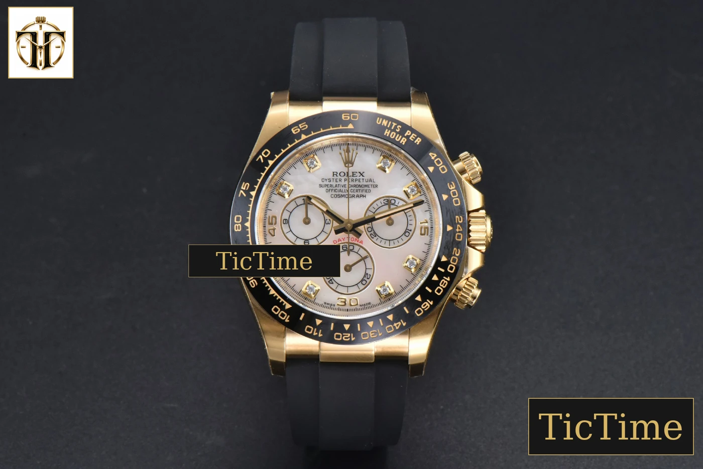 Vista frontal — Daytona 116518 40mm Clean Factory YG MOP Dial Diamond Marker Oysterflex Strap A4130