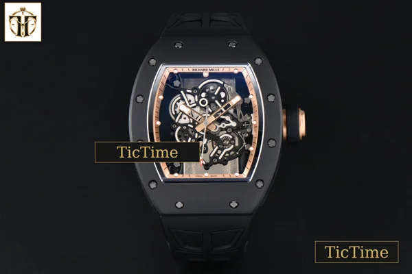 Foto frontal — RM055 42.7mm ZF Ceramic Black Bezel Gold Skeleton Dial Black Crown Black Rubber Strap RMUL2
