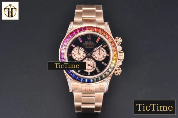 Foto frontal — Daytona Customized Rainbow 116595 Noob Diamond RG Bezel Black Dial RG Bracelet SA4130