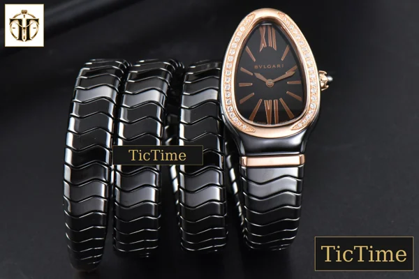 Foto frontal — Serpenti Spiga 35mm BVF RG Polycyclic Black Ceramic Black Dial Diamond Bezel Quartz