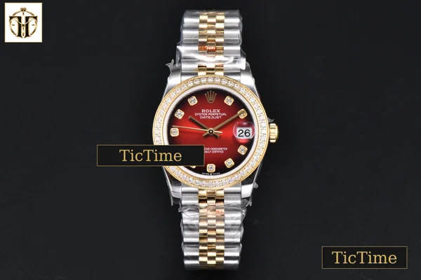 Foto frontal — DateJust 904L 31mm GMF Diamond Bezel Red Dial Diamond Marker YG/SS Jubilee Bracelet A2824