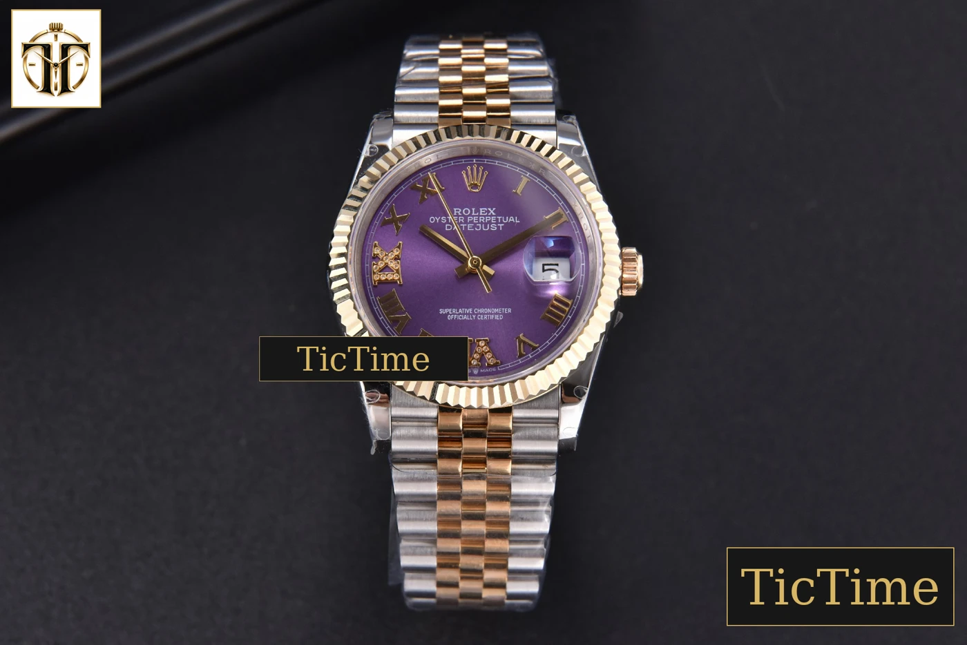 Vista frontal — DateJust 904L 36mm GMF YG/SS Fluted Bezel Purple Dial Roma Marker Jubilee Bracelet VR3285