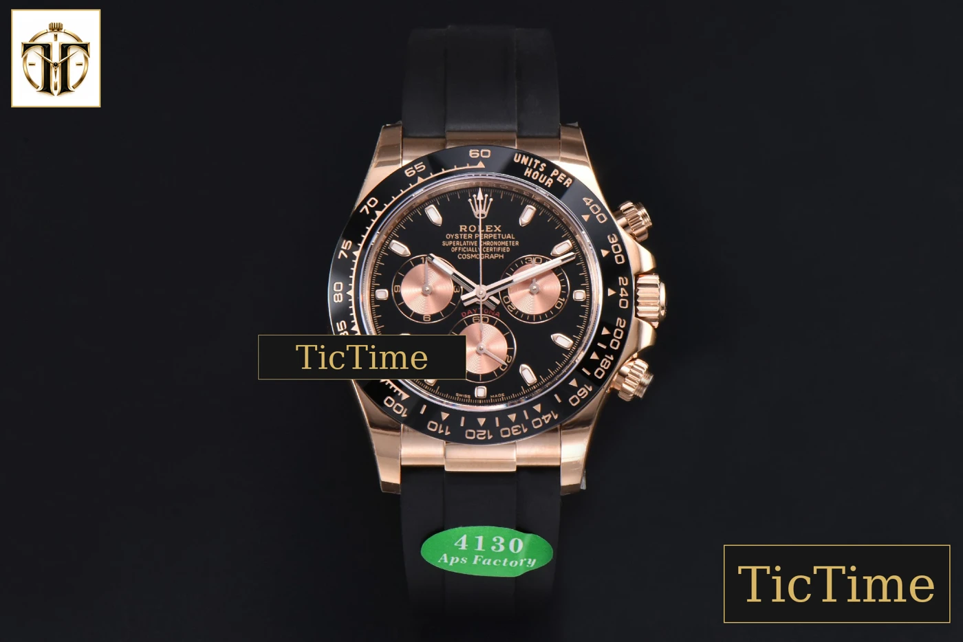 Vista frontal — Daytona 116515 APSF RG Black Dial Ceramic Bezel Lume Marker Oysterflex Strap Tungsten Version SH4130