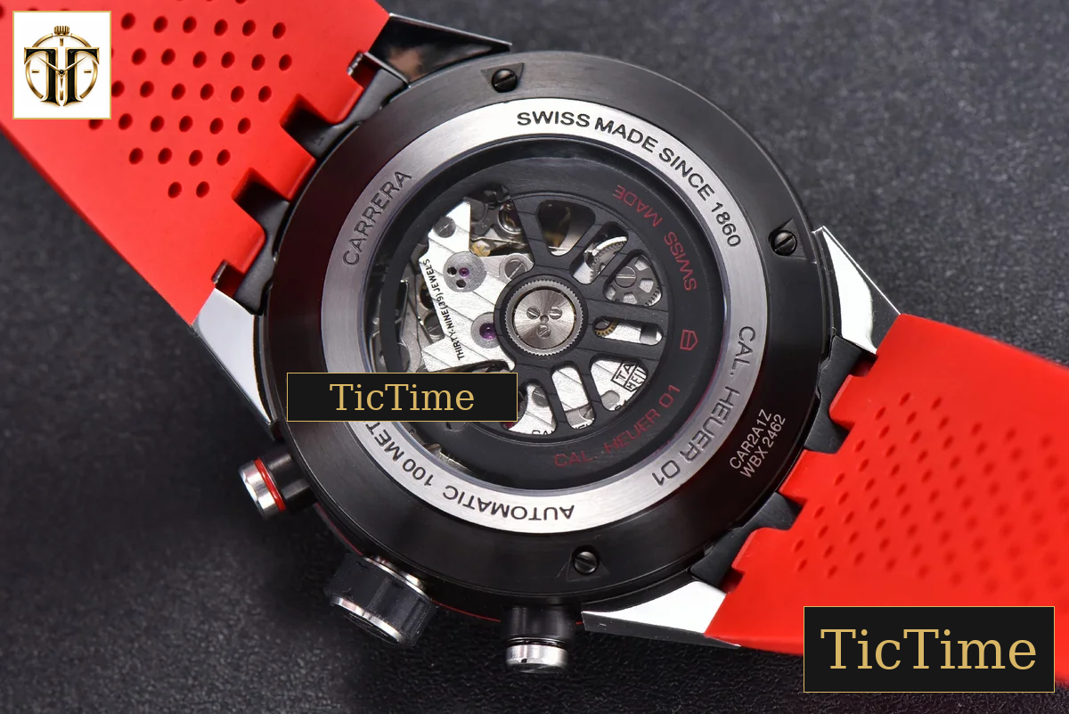 Calibre Heuer 01 Chrono 45mm XF Skeleton Dial Red Hand Red Rubber Strap A1887 — foto 15