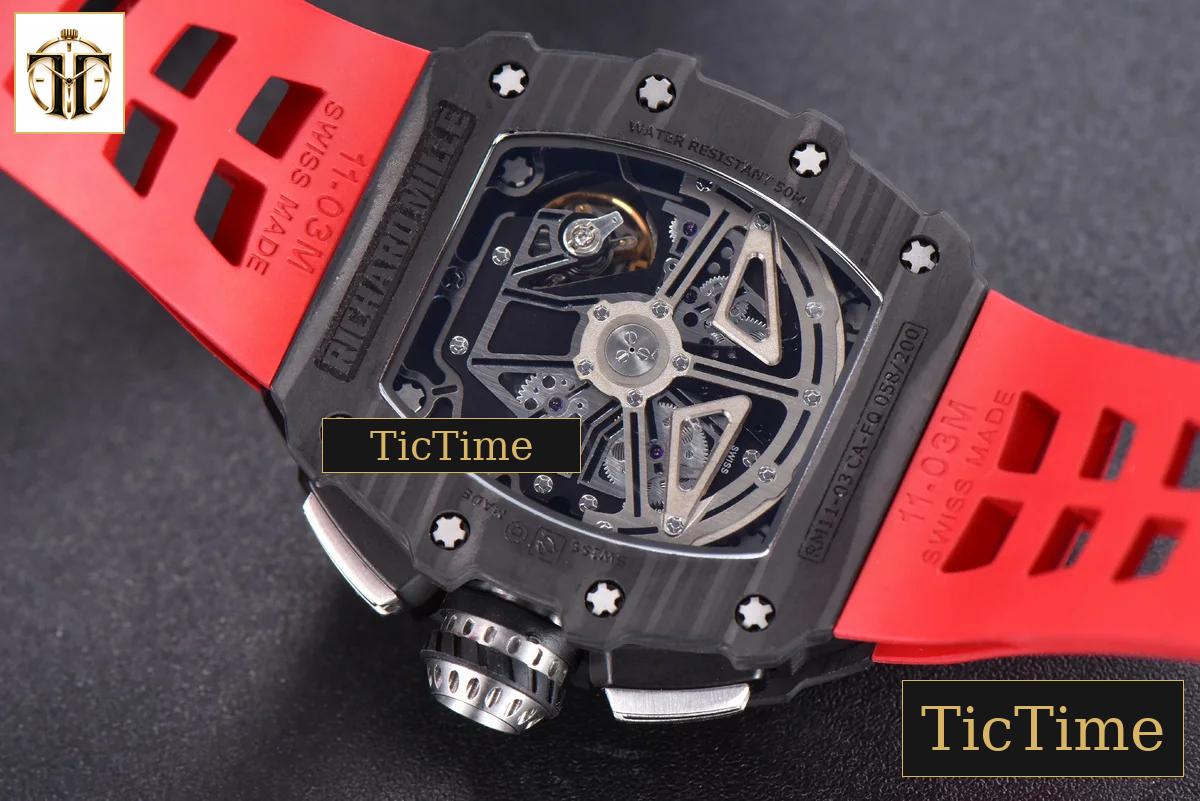 NTPT Chrono RM011 KVF Skeleton Dial Black Crown Red Rubber Strap V2 A7750 — foto 16