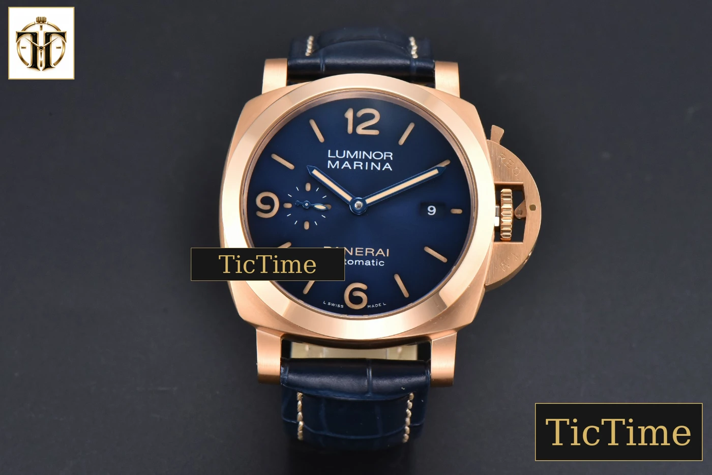 Vista frontal — PAM1114 44mm TTF RG Blue Dial Blue Leather Strap P9010