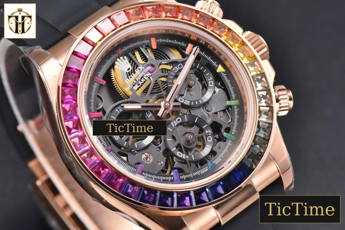 Daytona 40mm GETF PVD RG Carbon Rainbow Diamond Skeleton Dial Black Rubber Strap SA4130 — foto 13