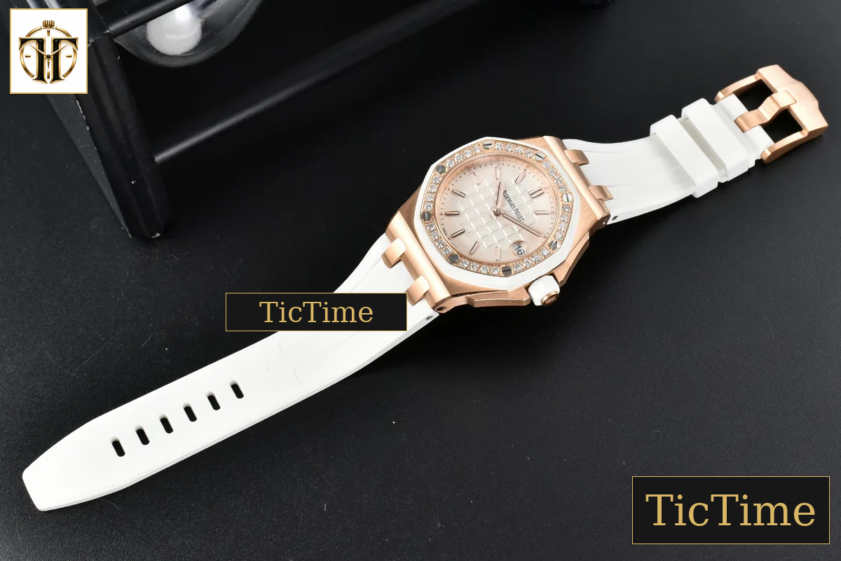 Royal Oak Offshore Ladies 33mm RXWF RG Moissanite White Dial Diamonds Bezel White Rubber Strap Swiss Quartz — foto 25