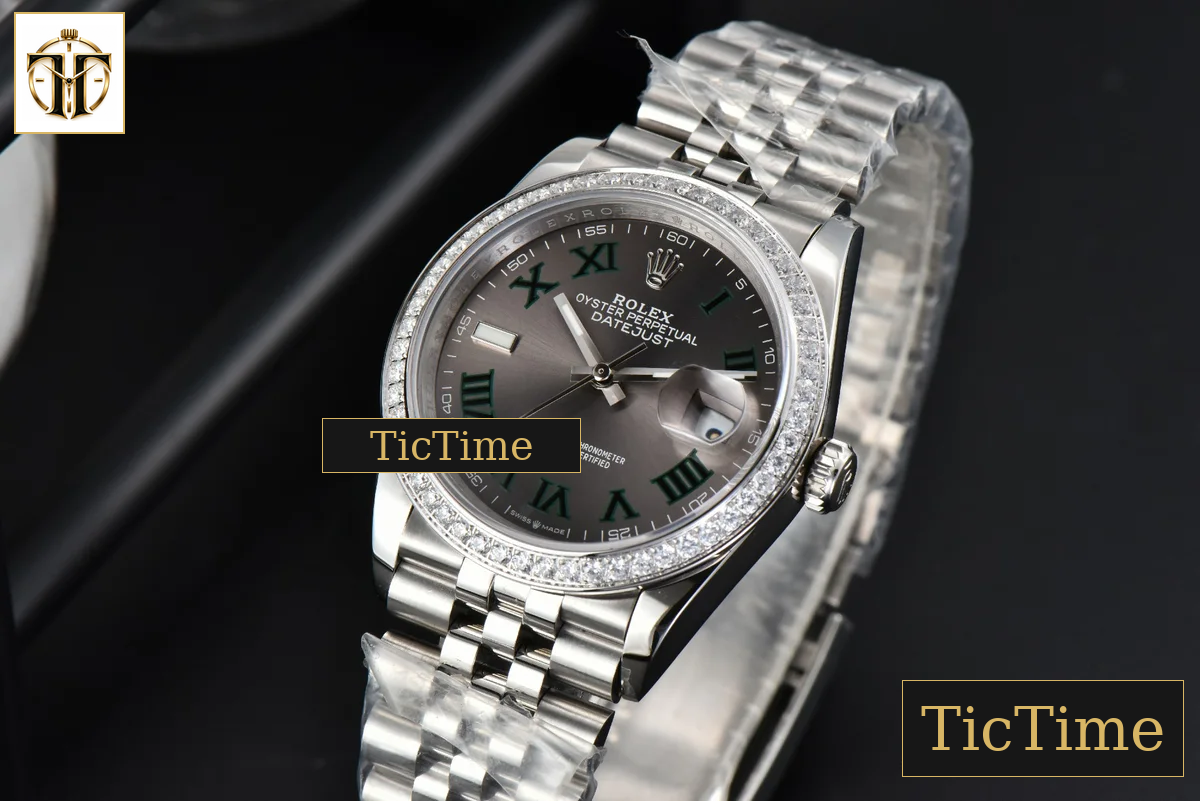 DateJust 36mm BPF Diamond Wimbledon Gray Dial Green Roma Marker Jubilee Bracelet A2824 — foto 4
