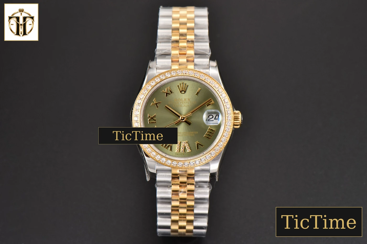 Vista frontal — DateJust Ladies 904L 31mm WF YG/SS Diamond Green Dial Roma Marker Jubilee Bracelet A2671