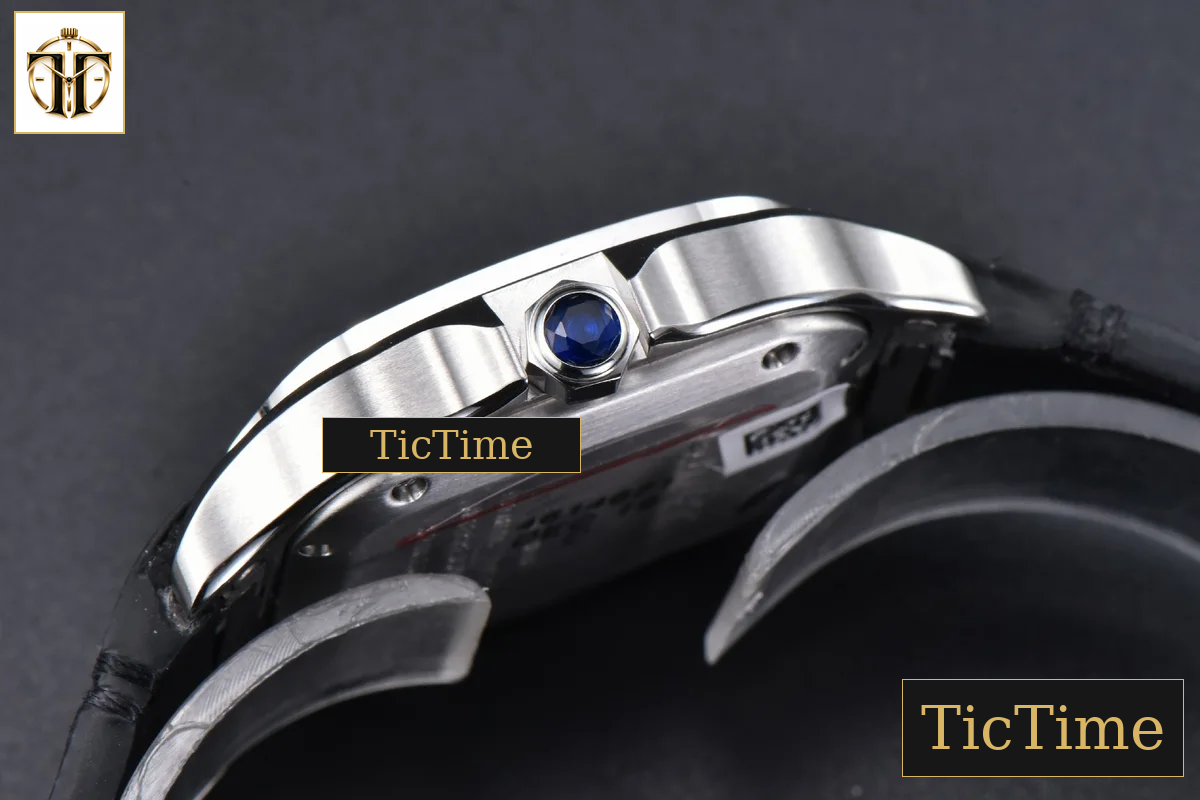 Santos de Cartier Medium 35mm AF SS White Dial Diamond Bezel Black Leather Strap Miyota 9015 — foto 12