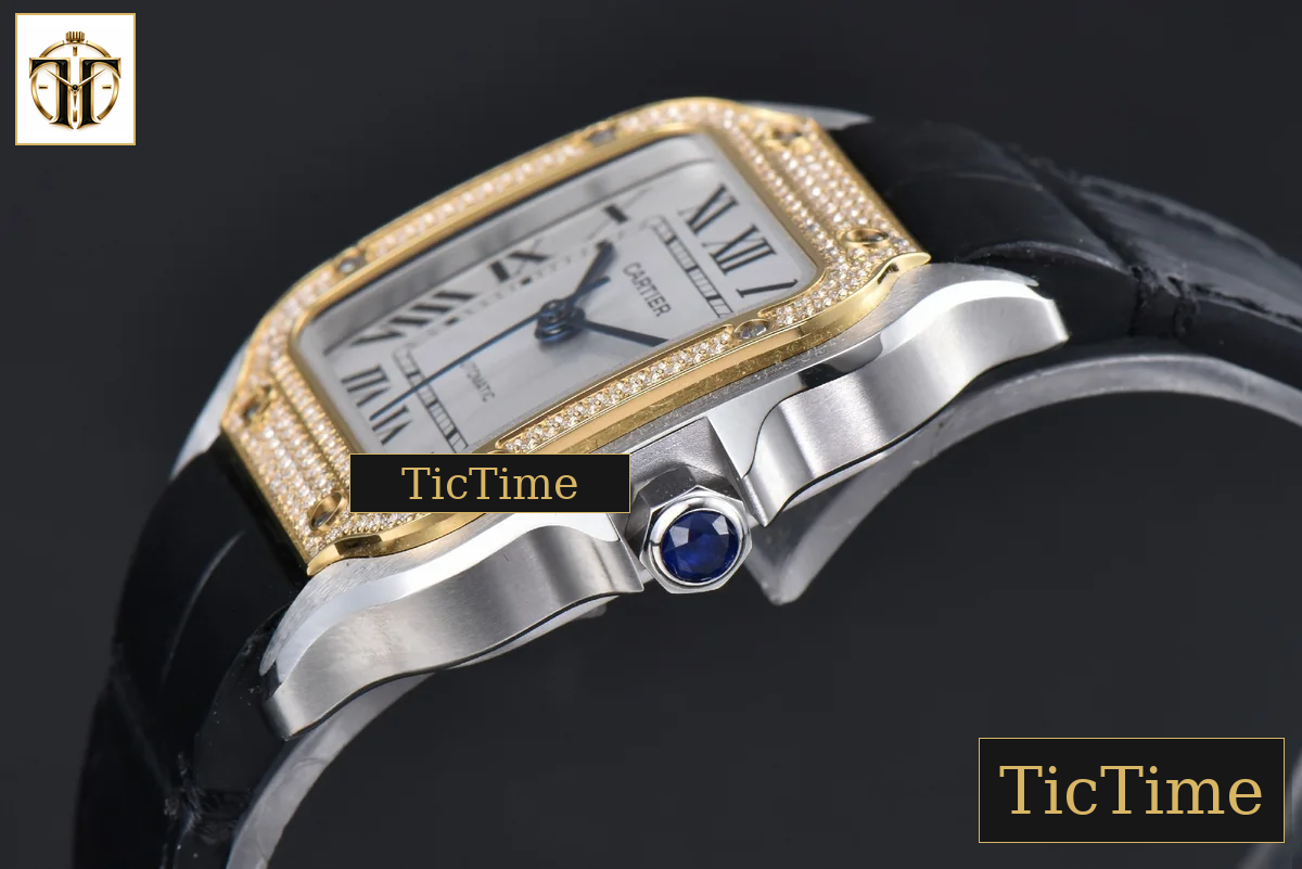 Santos de Cartier Medium 35mm AF SS White Dial YG Diamond Bezel Black Leather Strap Miyota 9015 — foto 9