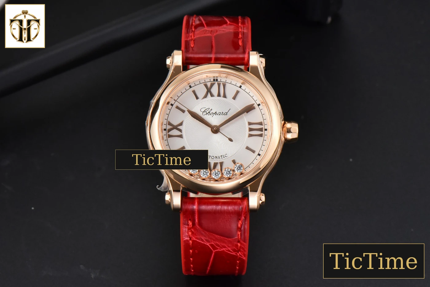 Vista frontal — Happy Sport Automatic 33mm HWF RG White Dial Red Leather Strap A2892