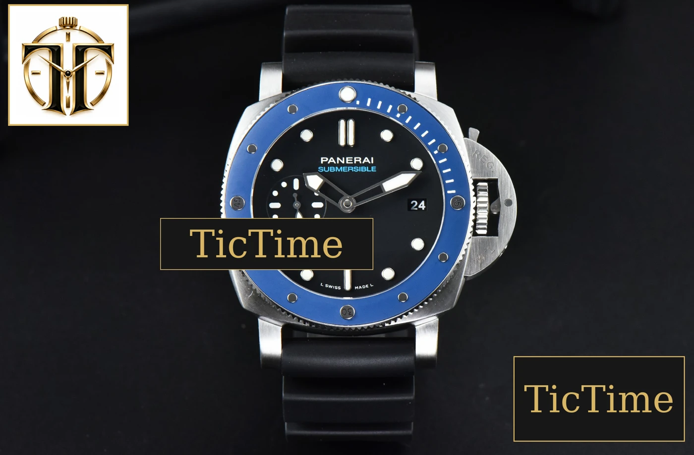 Vista frontal — Submersible PAM1209 42mm VSF Black Dial Blue Bezel Black Rubber Strap P9000