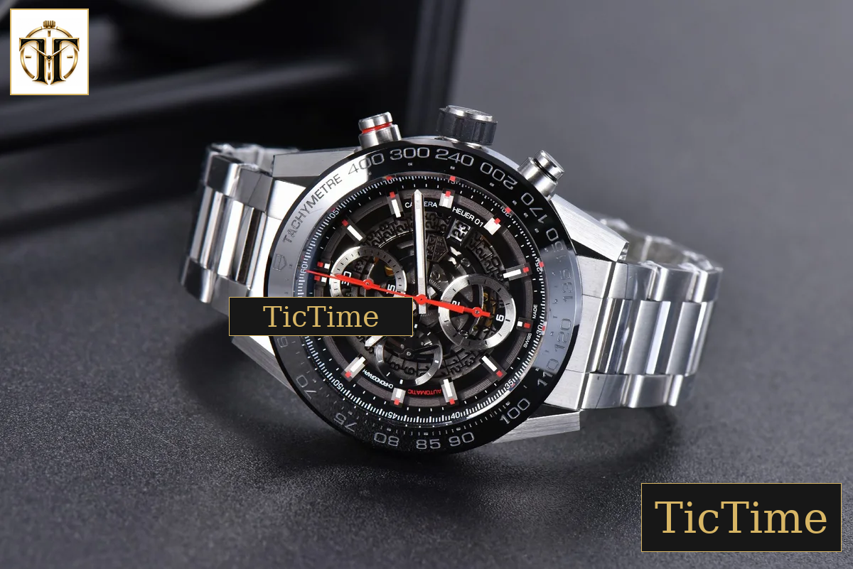 Calibre Heuer 01 Chrono 45mm XF PVD Skeleton Dial Red Hand SS Bracelet A1887 — foto 14