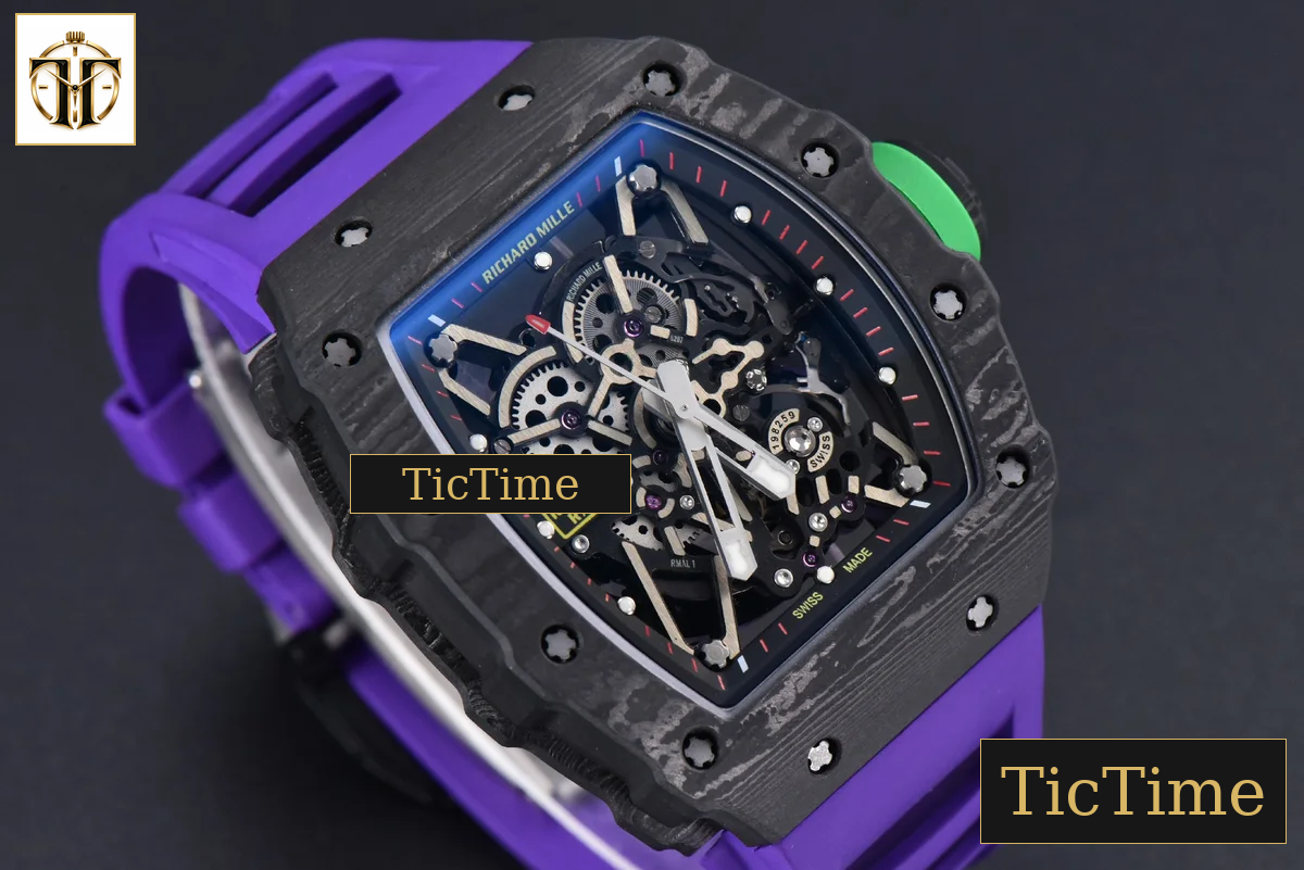 RM035-02 42mm T+F Black Forged Carbon Skeleton Dial Green Crown Purple Rubber Strap RMUL2 — foto 13