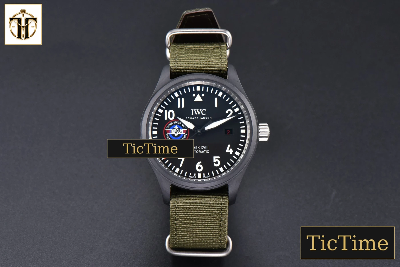 Vista frontal — Mark XVIII Top Gun IW324712 41mm ZF Black Ceramic Green Nylon Strap A32111