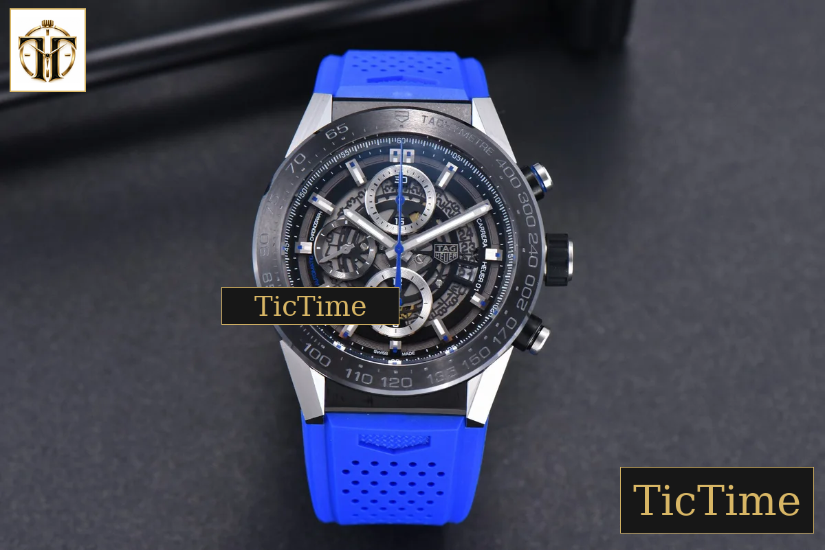 Calibre Heuer 01 Chrono 45mm XF PVD Skeleton Dial Blue Hand Blue Rubber Strap A1887 — foto 3