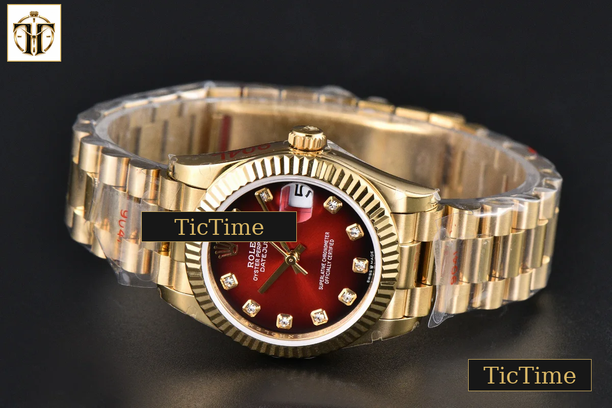 DateJust 31mm GMF YG Fluted Bezel Red Dial Diamond Marker President Bracelet A2824 — foto 16