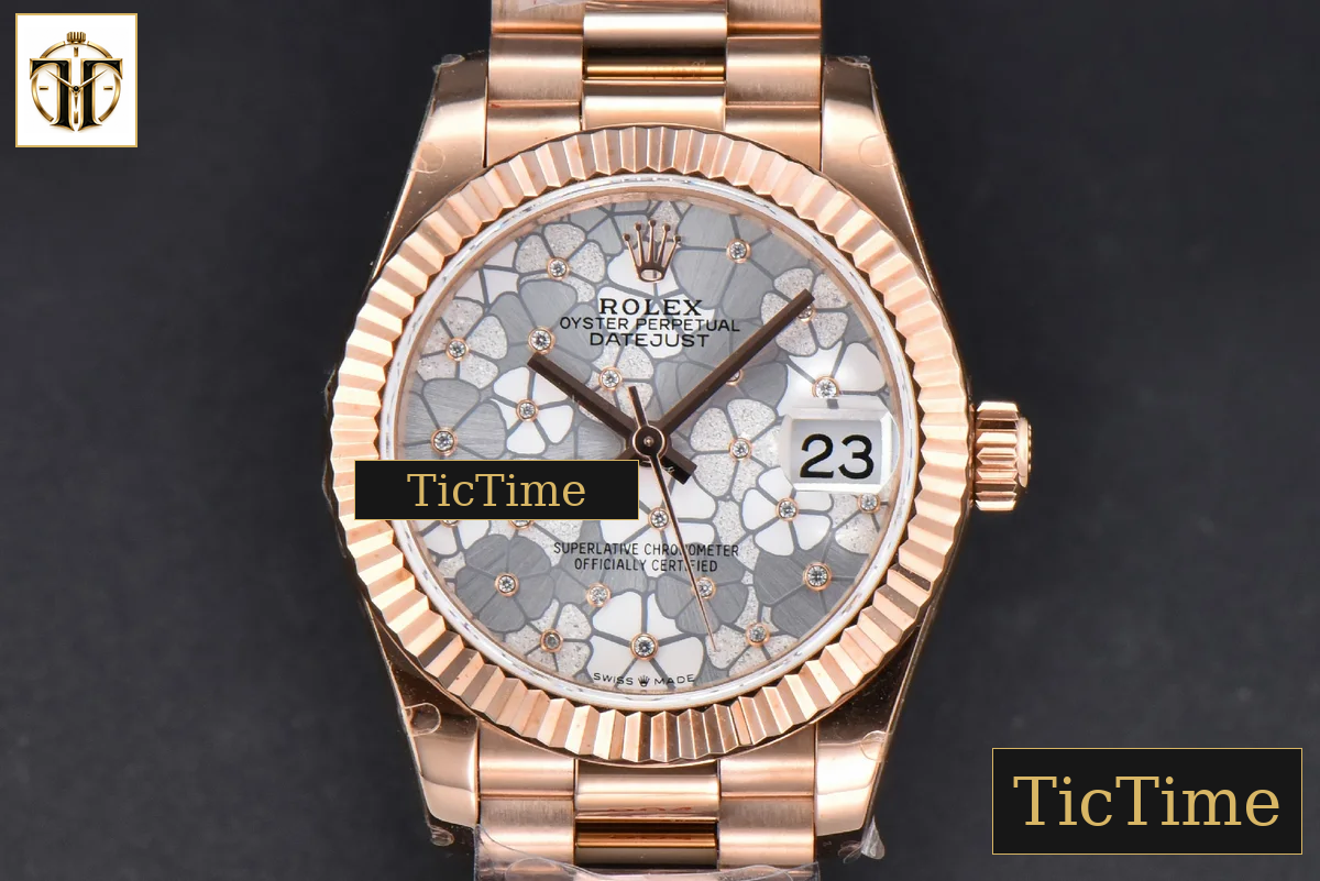 DateJust 904L 31mm GMF RG Fluted Bezel Silver Flowers Dial President Bracelet A2824 — foto 2