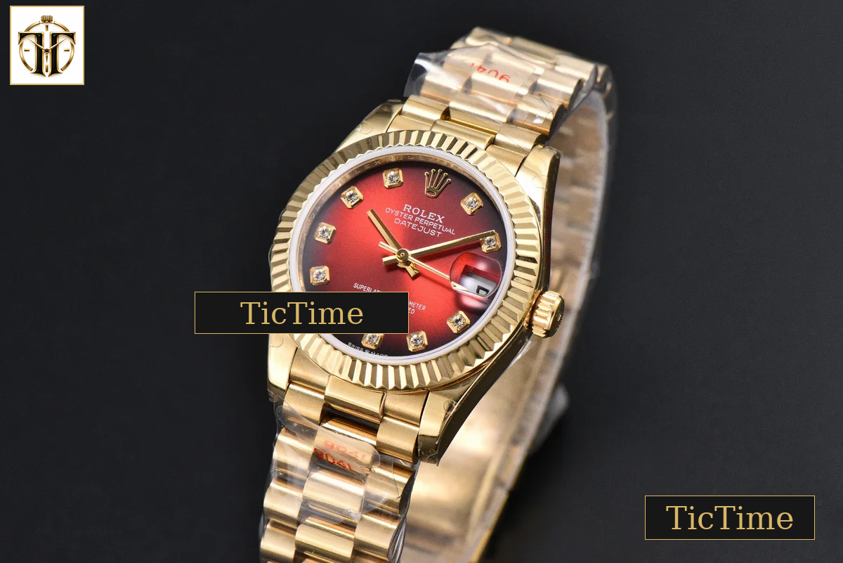 DateJust 31mm GMF YG Fluted Bezel Red Dial Diamond Marker President Bracelet A2824 — foto 4