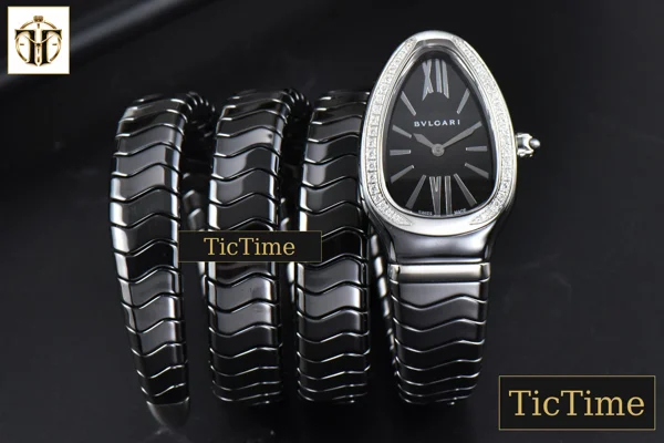 Foto frontal — Serpenti Spiga 35mm BVF SS Polycyclic Black Ceramic Black Dial Diamond Bezel Quartz
