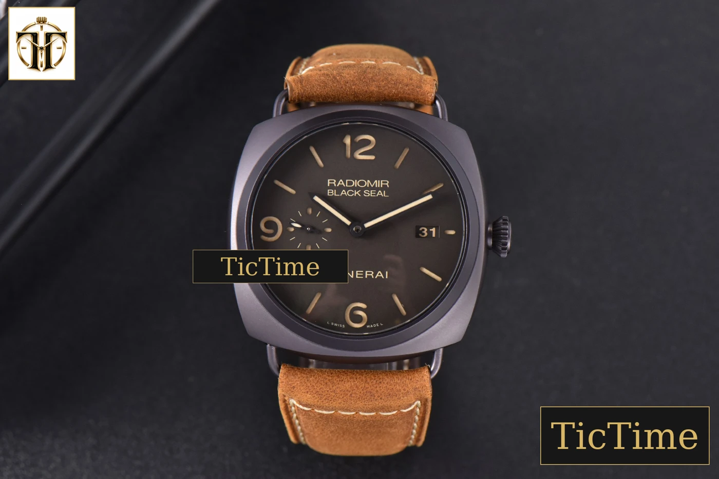 Vista frontal — Radiomir PAM505 45mm VSF Black Seal Brown Dial Leather Strap P9000