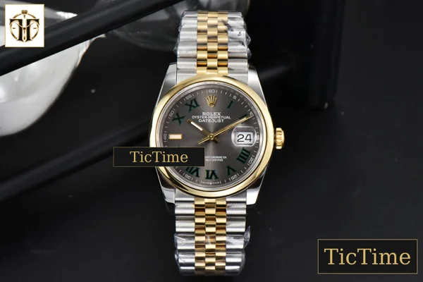 Foto frontal — DateJust 36mm BPF YG/SS Smooth Wimbledon Gray Dial Green Marker Jubilee Bracelet A2824